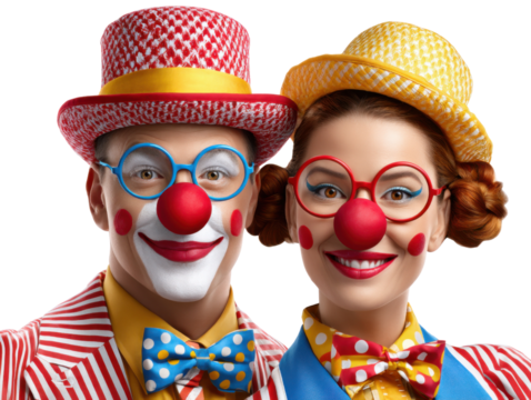 Cheerful Clown Couple: A vibrant duo of clowns, exuding mirth and joy, stand side by side, their bright costumes and painted smiles radiating happiness.
