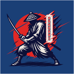 Silhouette of a Ninja Warrior with Katana and Conical Hat against Red Sun