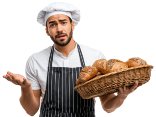 Baker’s Dilemma: A perplexed baker, adorned in a chef's hat and apron, presents a basket of freshly baked bread, seemingly uncertain. Capturing the moment of contemplation and culinary curiosity.