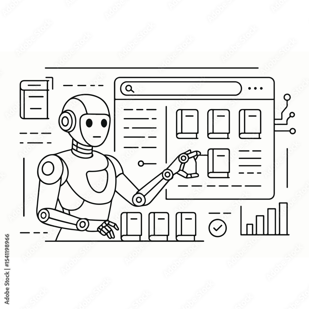 Poster robot librarian managing digital library resources with search interface book icons and data visuali