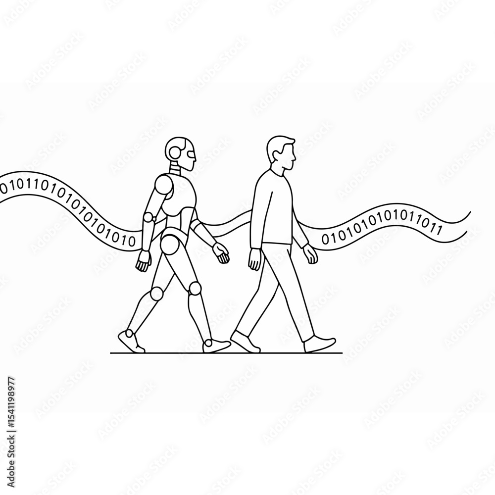 Poster human and robot walking together connected by binary code a symbolic representation of artificial in