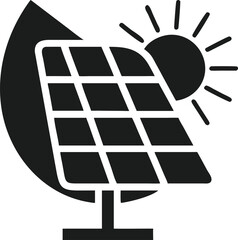 Black silhouette design representing integrated solar panel and leaf with sun rays