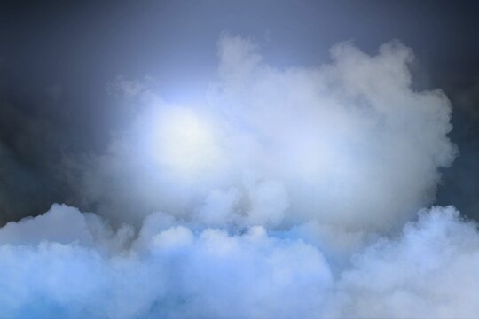 Fototapeta Dense cumulus clouds are drifting across dark blue sky in flat design style, copy space