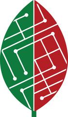 Green and red leaf with circuitry design symbolic of technology and nature