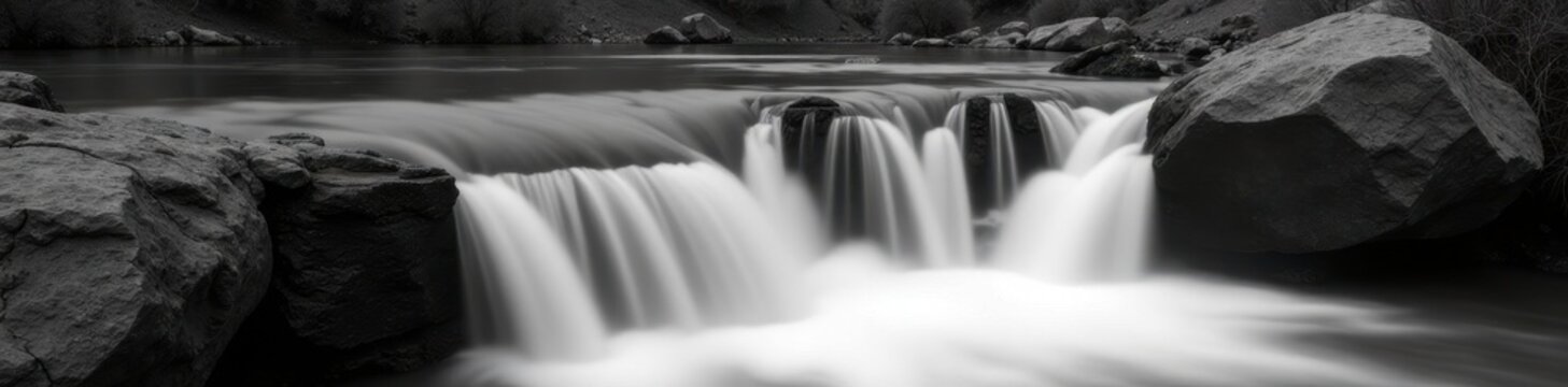 Abstract grayscale waterfall, blurred motion, textured rocks , long exposure, still