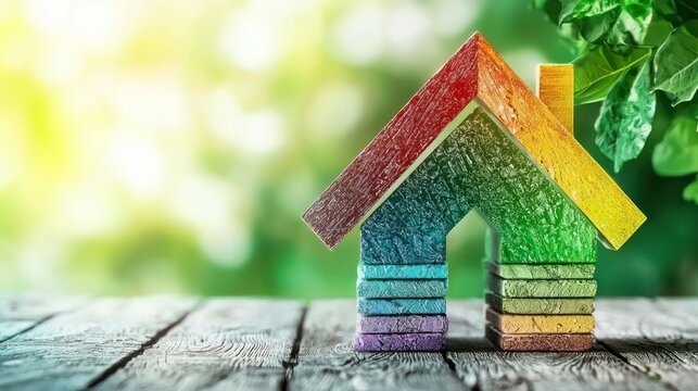 A colorful rainbow house made of stacked wooden blocks on a wooden table with green foliage in the background. - Powered by Adobe