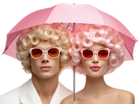 Glamorous Pair under Pink Shade: A strikingly fashionable couple, adorned in matching sunglasses and vibrant wigs, shelters beneath a vivid pink umbrella, embodying style and poise. 