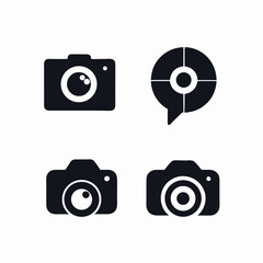Collection of stylized camera icons and communication symbol isolated on white background