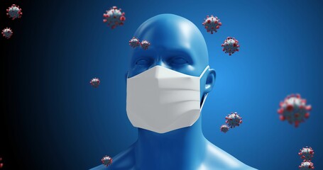 Covid-19 cells against human head model wearing mask
