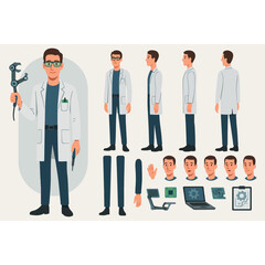 Character Design Sheet of a Robotics Engineer with Various Poses Facial Expressions and Robotic Components for Animation and Game Development Purposes Flat Vector Illustration