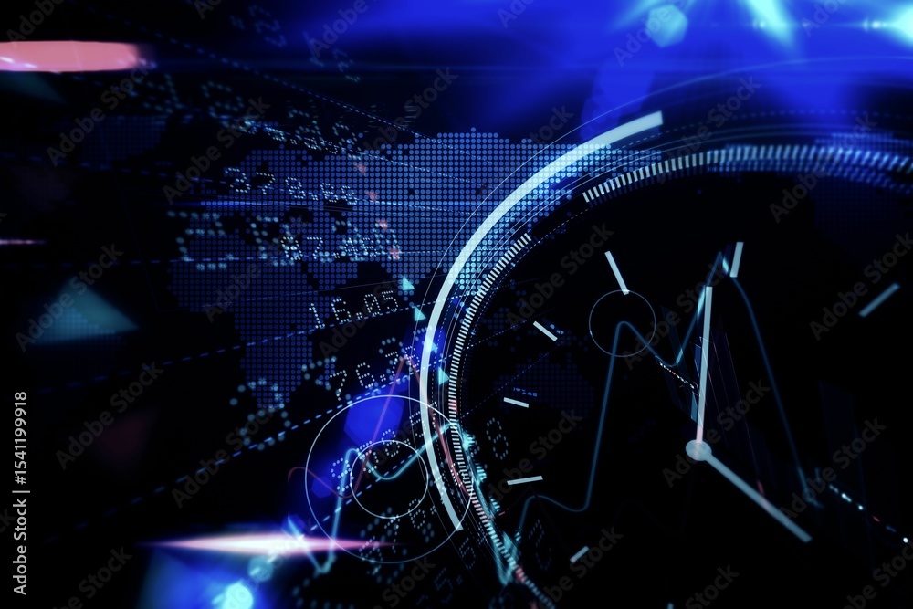 Poster digital clock interface is glowing over map showing numeric data and light streaks in flat design