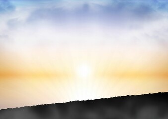 Glowing sun is rising over jagged ridge silhouette in flat design scene with radiating sunbeams © vectorfusionart