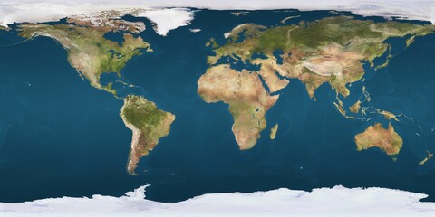 World map projection is showing continents, oceans, ice caps in flat design, transparent background