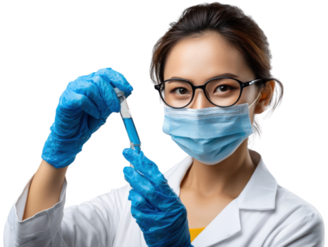 Scientist Examining Sample: A focused female scientist in a lab coat and protective mask examines a sample in a test tube.