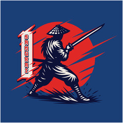 Silhouette of a Ninja Warrior with Katana and Conical Hat against Red Sun