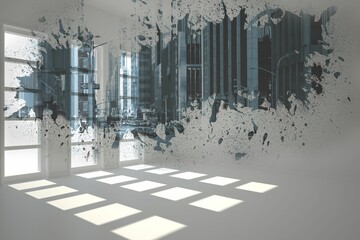 Flat design is showing floor-to-ceiling windows with light patches and splatter cityscape overlay