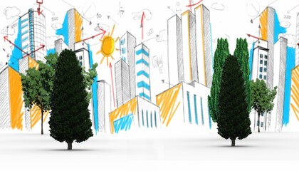 Digitally generated image of trees against blue and orange skyline © vectorfusionart