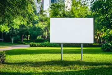 High-Resolution Blank White Yard Sign Placed Upright on Green Grass Lawn