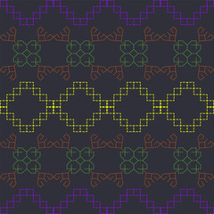 Seamless pattern geometric fractal designs yellow,purple,orange,green on dark background. pixel art or digital embroidery,engaging and repetitive tile.Abstract and modern endless backgrounds,textiles.