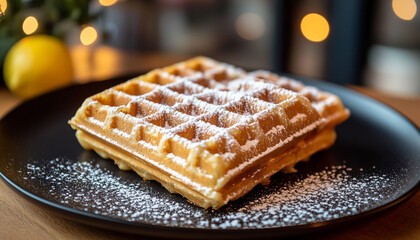 Brussels waffle with icing sugar on a black pla