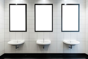 Blank Advertising Board Mounted on Restroom Wall in Public Facility Interior