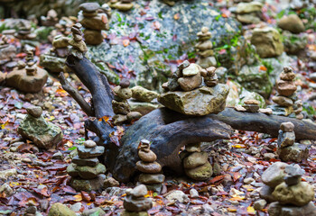 the rocky bottom of the riverbed , a walk along the river stones with an overview of the bottom...