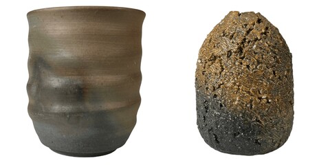 Crafted ceramic vessels display art gallery still life artistic environment close-up view