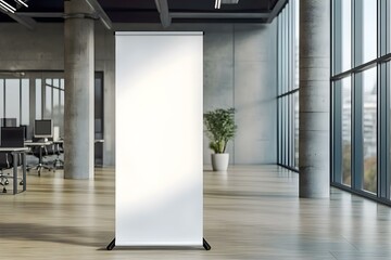Blank Roll-Up Banner Placed Strategically Inside Contemporary Office Interior