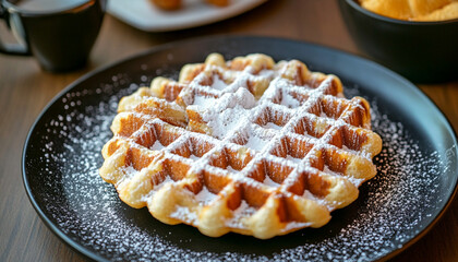 Brussels waffle with icing sugar on a black pla