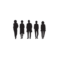 Simple Silhouettes of Diverse People in a Row.This image features five stylized silhouettes of people standing in a row against a plain white background.
