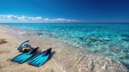 Obraz premium Digital Nomad Beach Lifestyle type. Snorkeling gear on a sandy beach with a clear blue ocean.