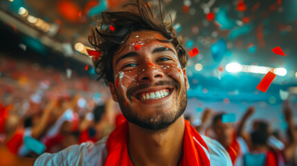 Excited sports peruvian  fan with face paint smiling and celebrating in a crowded stadium filled with confetti and lights.