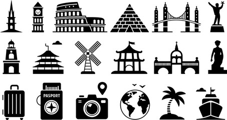 Naklejka premium Travel destinations and landmarks vector icons set world tourism and vacation adventure concept design 100 editable stock vector illustration
