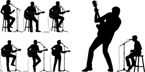 Obraz premium Silhouette musicians playing guitar singing into microphone on stage for music performance show vector editable stock vector illustration