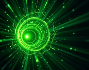 Obraz premium high quality, vibrant green light vortex illuminating a dark background, subject on the right side with open copy space on the left.