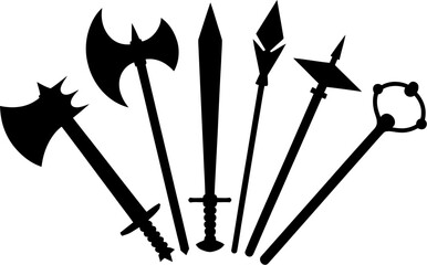 Fototapeta premium Black and white medieval weapons silhouette collection for games and fantasy illustrations design 100 editable stock vector illustration