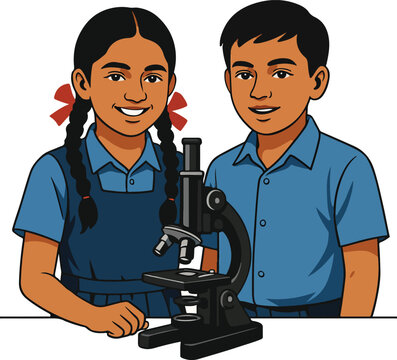 Indian school kids with microscope vector illustration