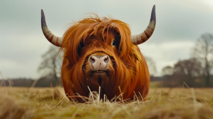 Front-facing Highland cow with long shaggy hair and horns, lying in a rural field on a cloudy day.