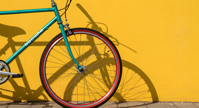 Green bicycle parked against yellow wall at sidewalk in city