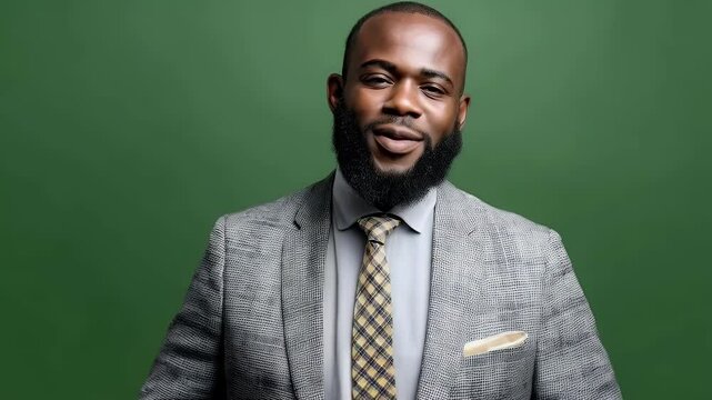 Confident businessman adjusting tie against solid green background