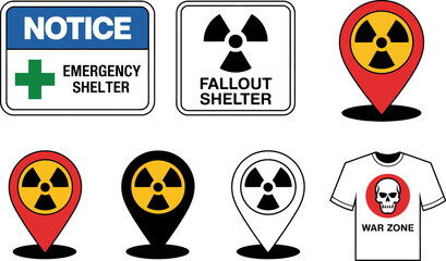 Find emergency fallout shelter location with radiation warning signs and war zone t shirt design editable stock vector illustration