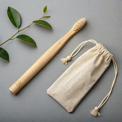 bag with green leaves, Eco-Friendly Bamboo Toothbrush with Travel Pouch &ndash; Biodegradable, Sustainable Oral Care