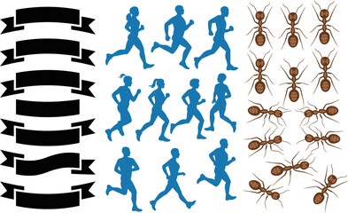 Naklejka premium Banners running marathon fitness race ants insects silhouettes vector graphic design elements art illustration editable stock vector illustration