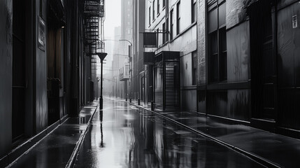 Rain-soaked urban alleyway reflecting city lights