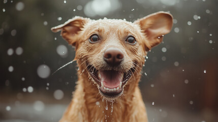 Happy golden retriever enjoying a rainy day