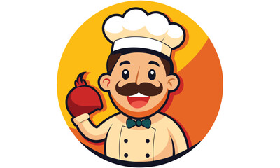 Happy cartoon chef holding a chicken leg isolated on white background