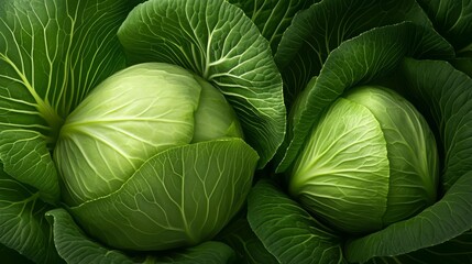 Fototapeta premium Fresh Green Cabbages Close Up Detailed View of Two Organic Heads