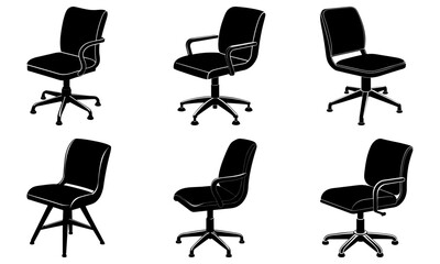 A collection of six black office chairs with varying designs and base styles in a structured arrangement
