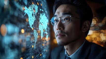 Asian businessman analyzing a global supply chain map on a futuristic digital screen