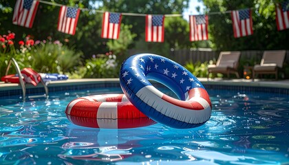 Vibrant swimming pool with red, blue inflatables, American flags, festive 4th of July celebration